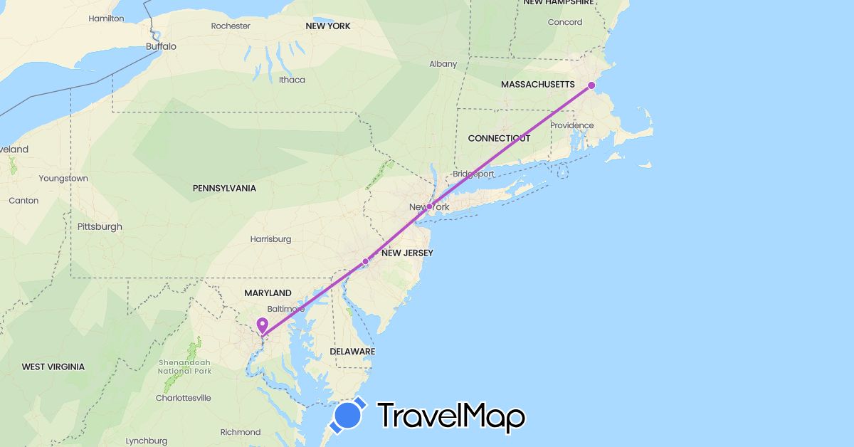 TravelMap itinerary: plane, train in United States (North America)